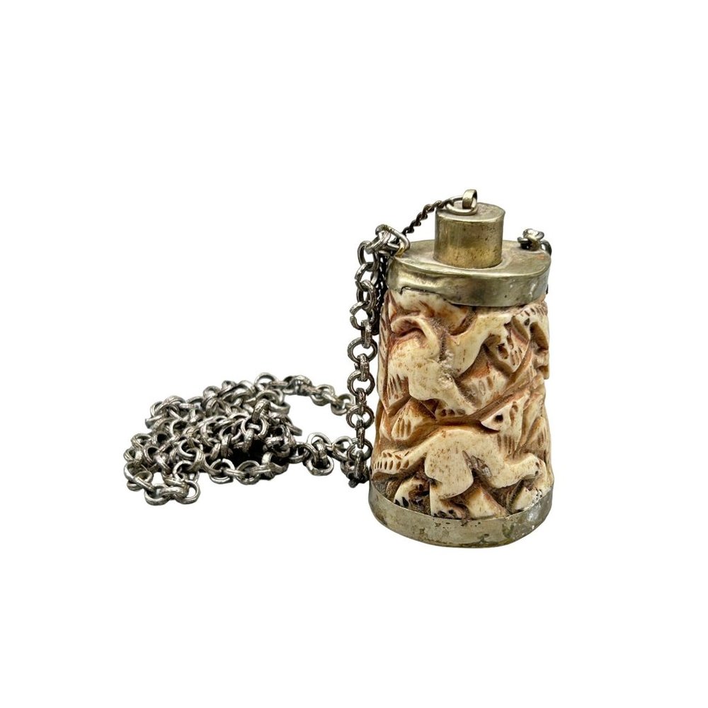 Vintage Carved Bone Flask Necklace Animals Elephant Carvings Bottle with Dauber